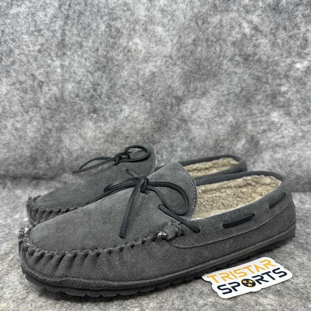 Minnetonka Casey Moccasin Slippers Mens Size 12 Gray Suede Faux Fur Lined 4150
